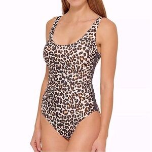 DKNY Mesh side One Piece Swimsuit Animal Leopard bathing suit tummy control 6 8